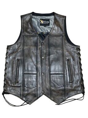 Xelement Mens Black Leather Motorcycle Vest XL With Side Laces & Snap Closure
